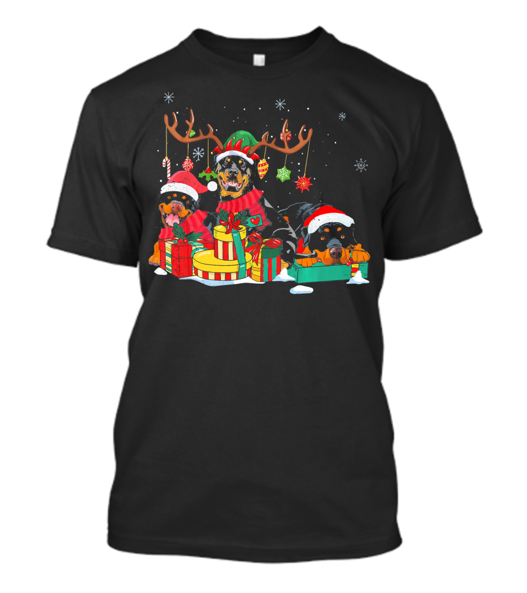 Rottweiler Christmas Reindeer Antlers Presents Santa Hat Snowflakes T-Shirt