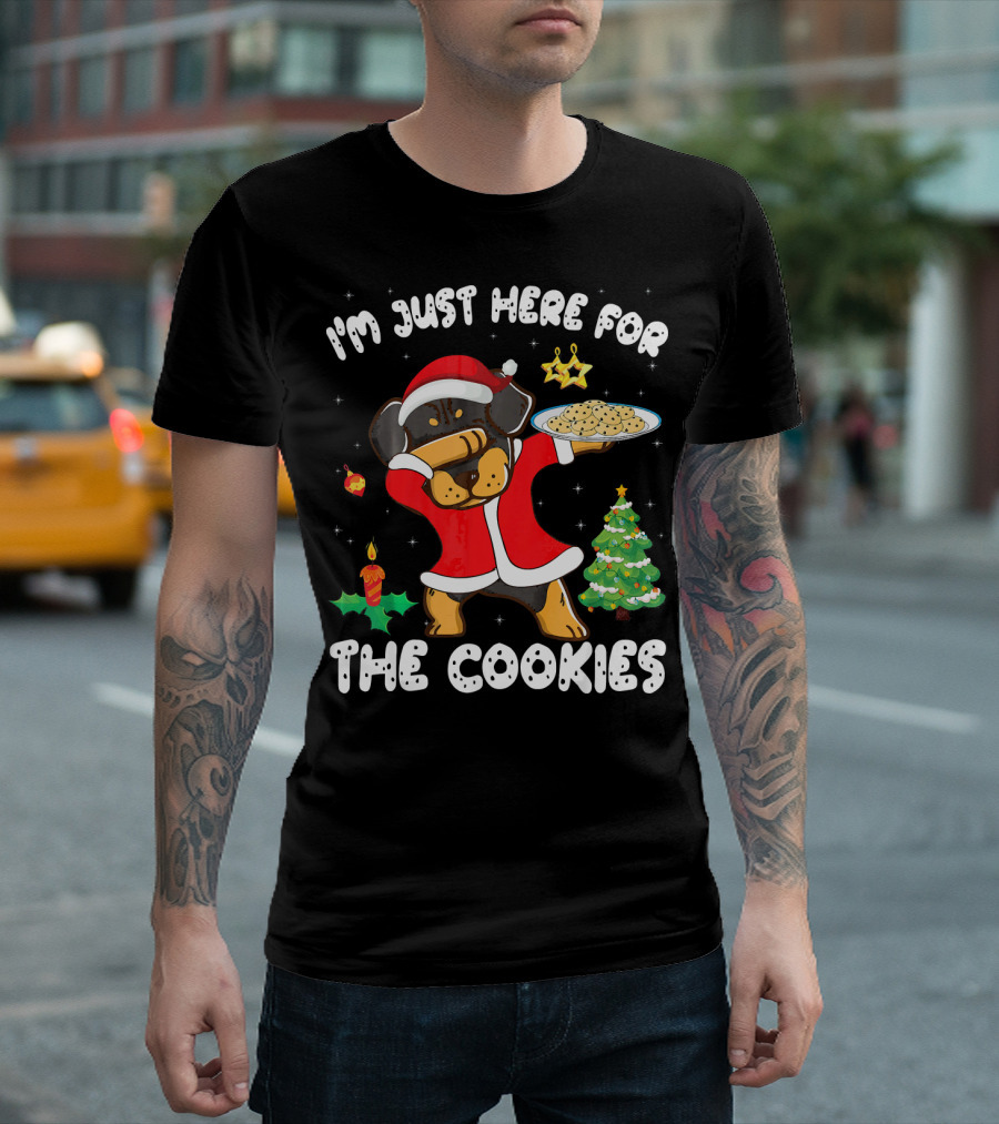 Santa Rottweiler Dabbing I'm Just Here for the Cookies Christmas Tree T-Shirt