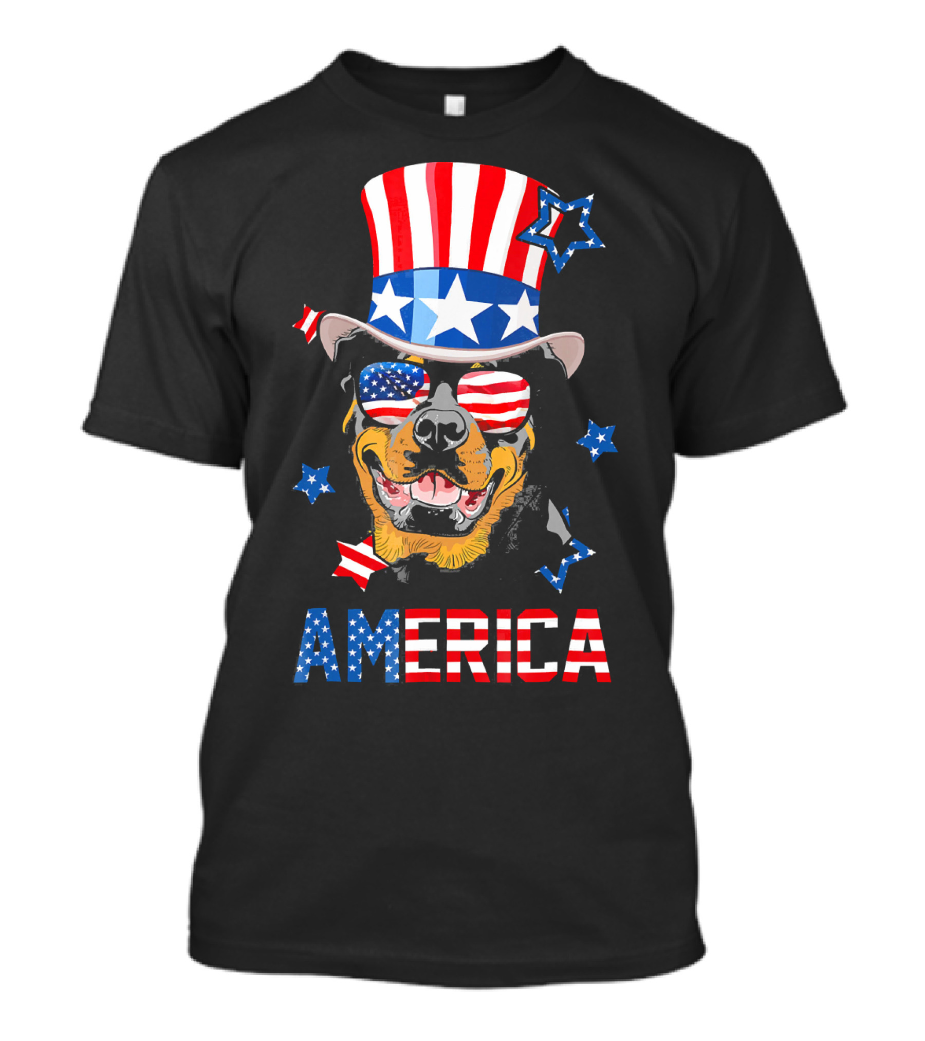 Rottweiler In Patriotic Uncle Sam Top Hat And American Flag Sunglasses America Stars T-Shirt