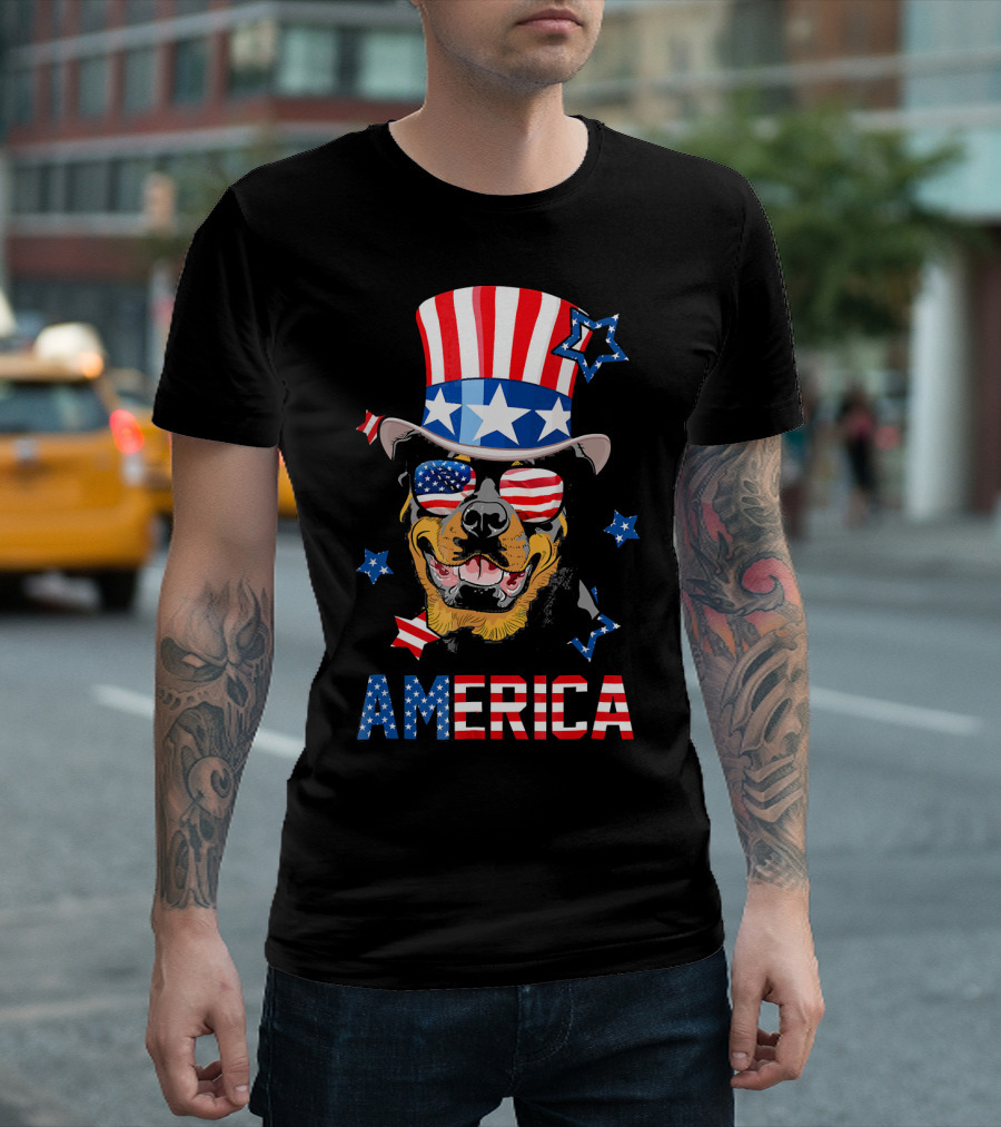 Rottweiler In Patriotic Uncle Sam Top Hat And American Flag Sunglasses America Stars T-Shirt