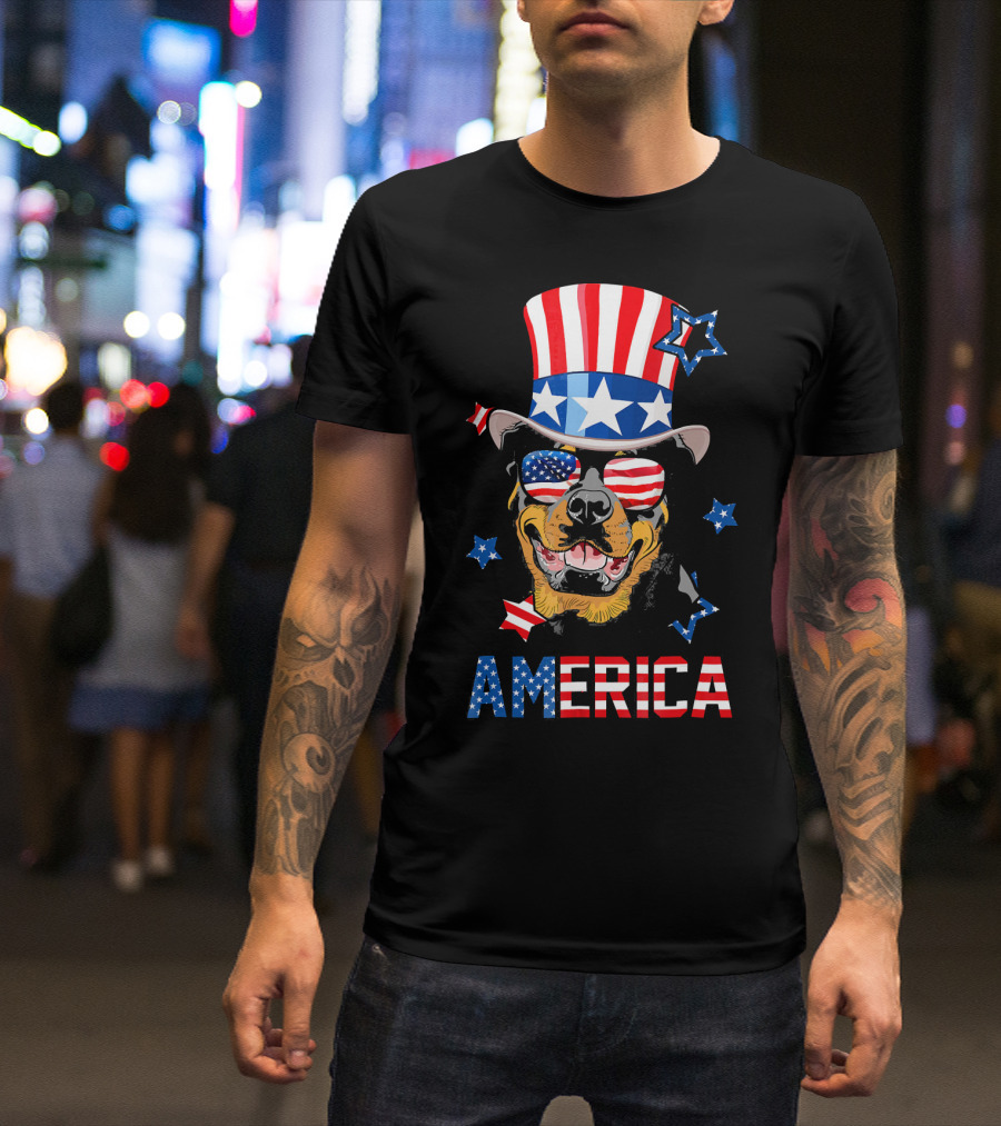 Rottweiler In Patriotic Uncle Sam Top Hat And American Flag Sunglasses America Stars T-Shirt