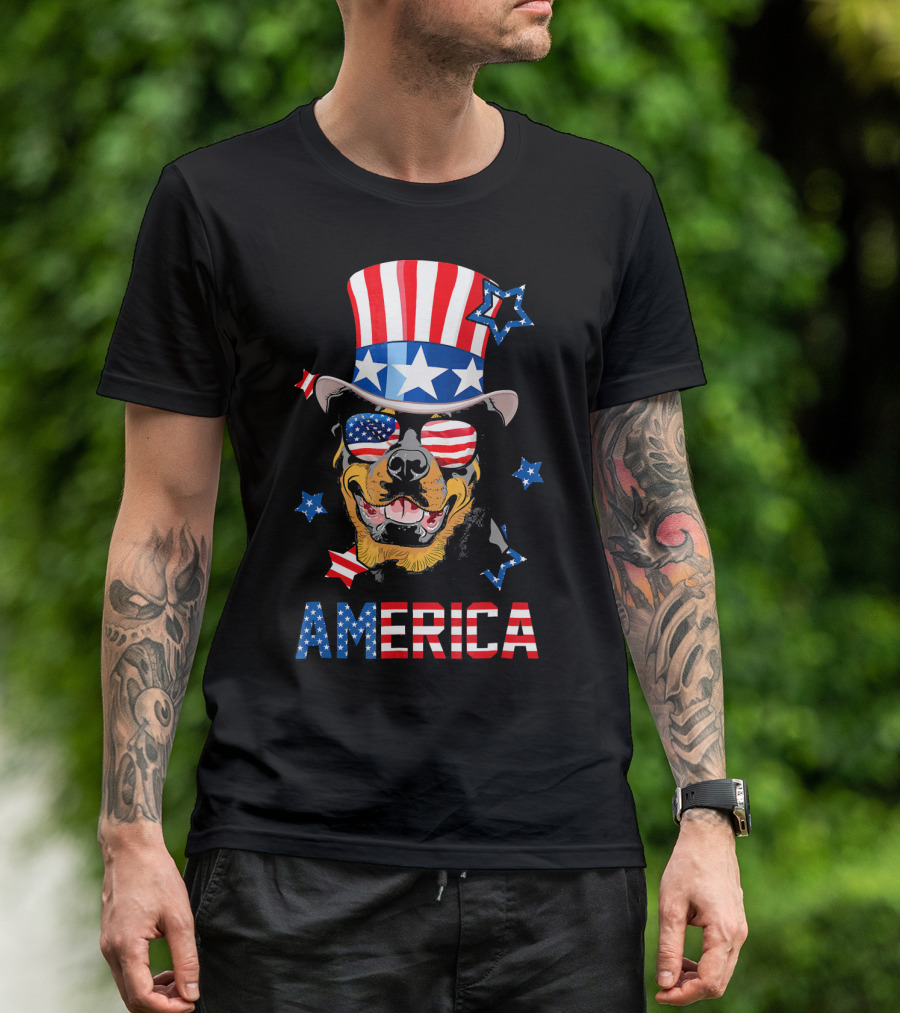 Rottweiler In Patriotic Uncle Sam Top Hat And American Flag Sunglasses America Stars T-Shirt