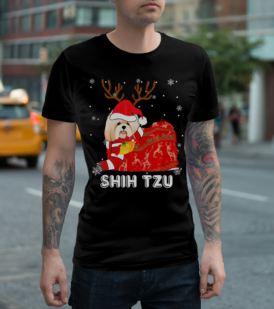 Shih Tzu Santa Hat Reindeer Blanket Christmas Snowflakes T-Shirt