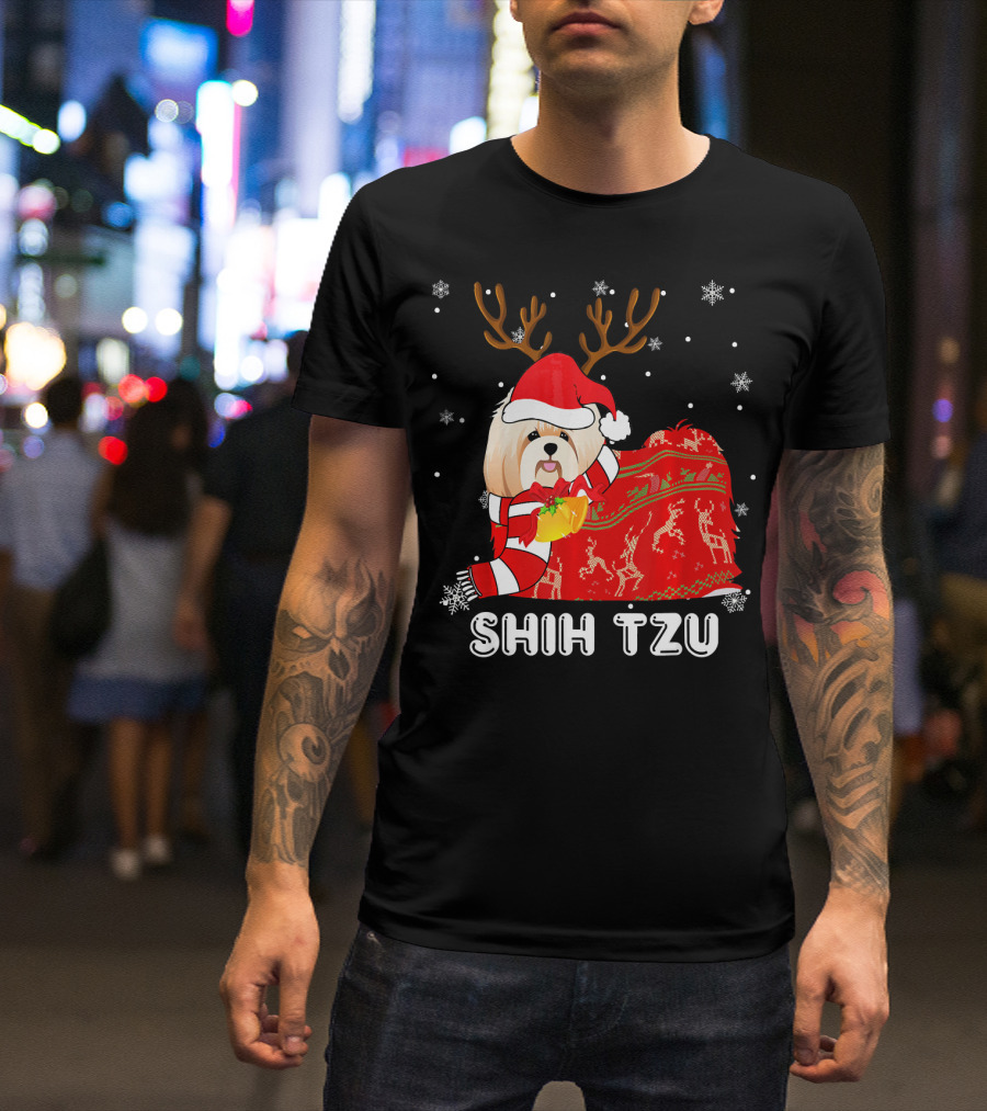 Shih Tzu Santa Hat Reindeer Blanket Christmas Snowflakes T-Shirt