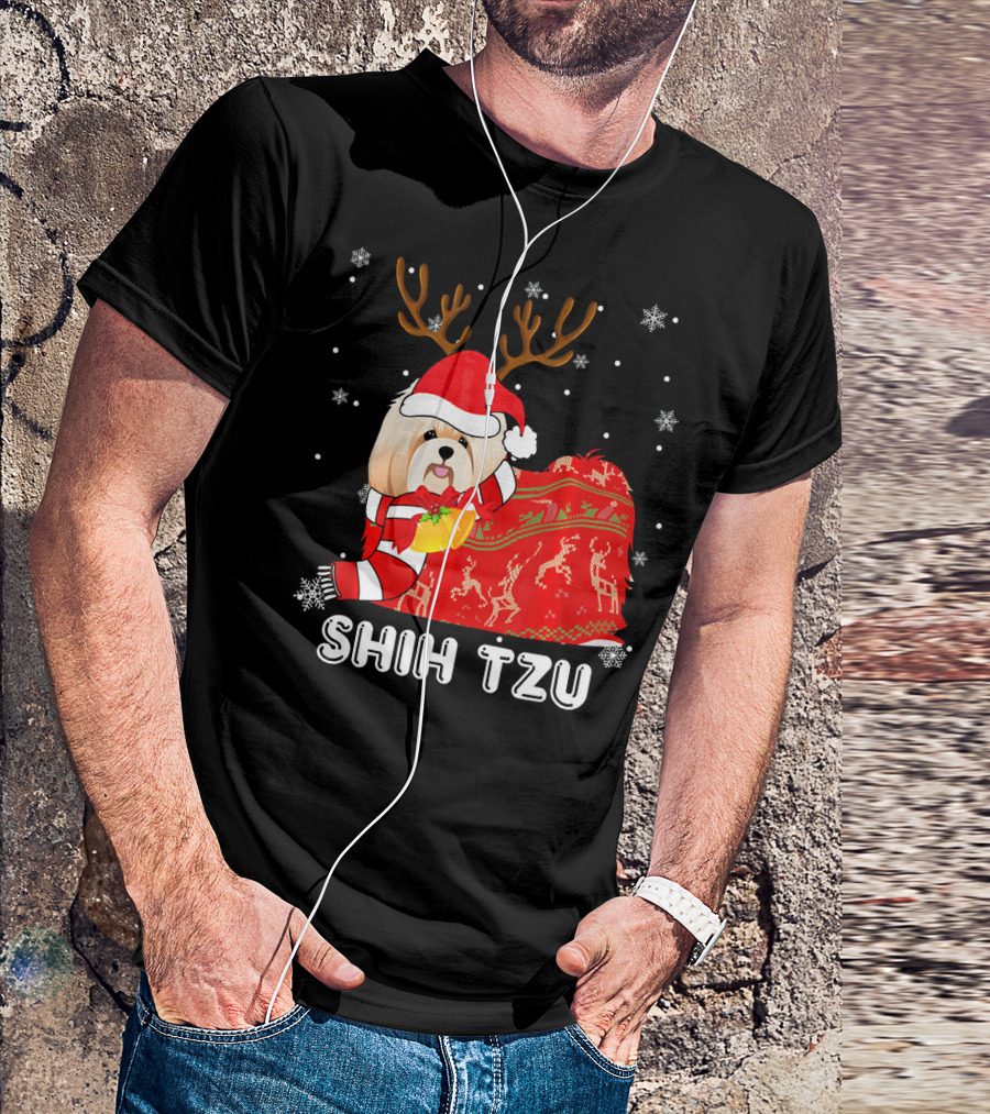 Shih Tzu Santa Hat Reindeer Blanket Christmas Snowflakes T-Shirt