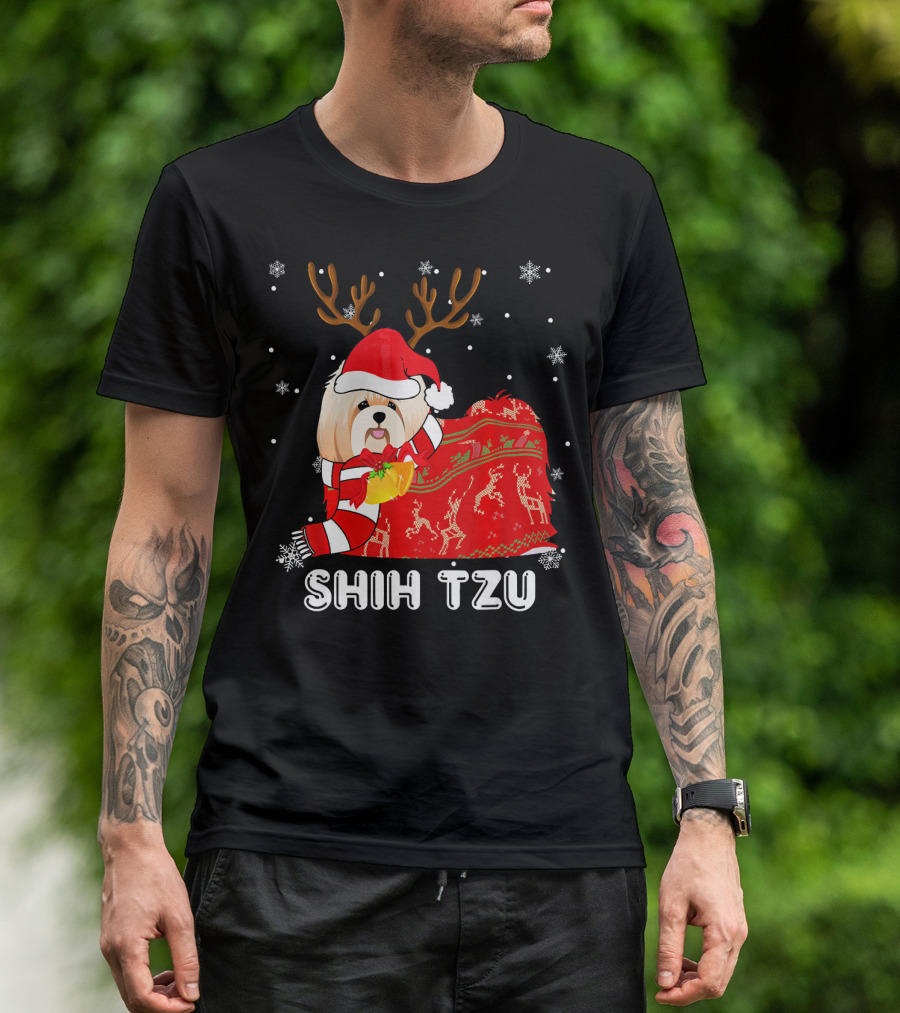 Shih Tzu Santa Hat Reindeer Blanket Christmas Snowflakes T-Shirt
