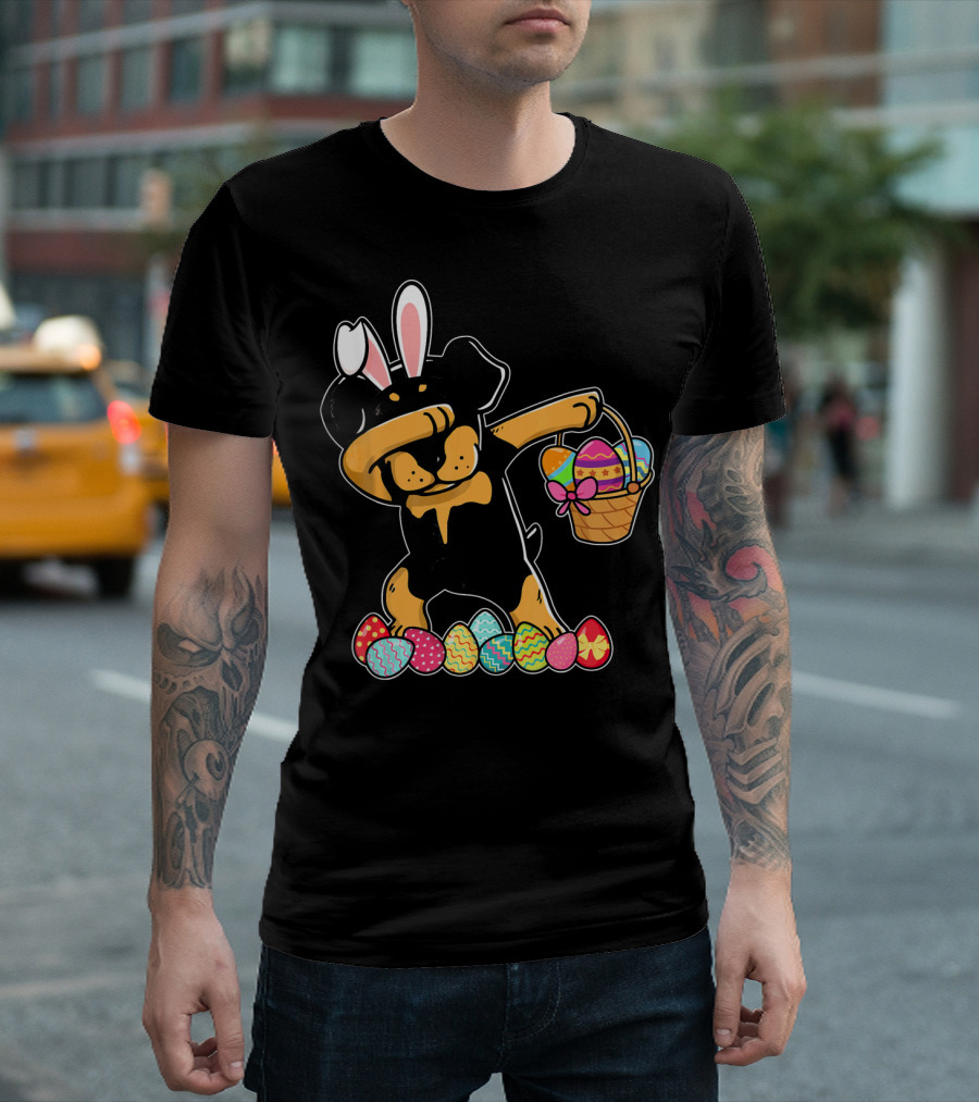 Rottweiler Dabbing with Easter Bunny Ears and Egg Basket T-Shirt