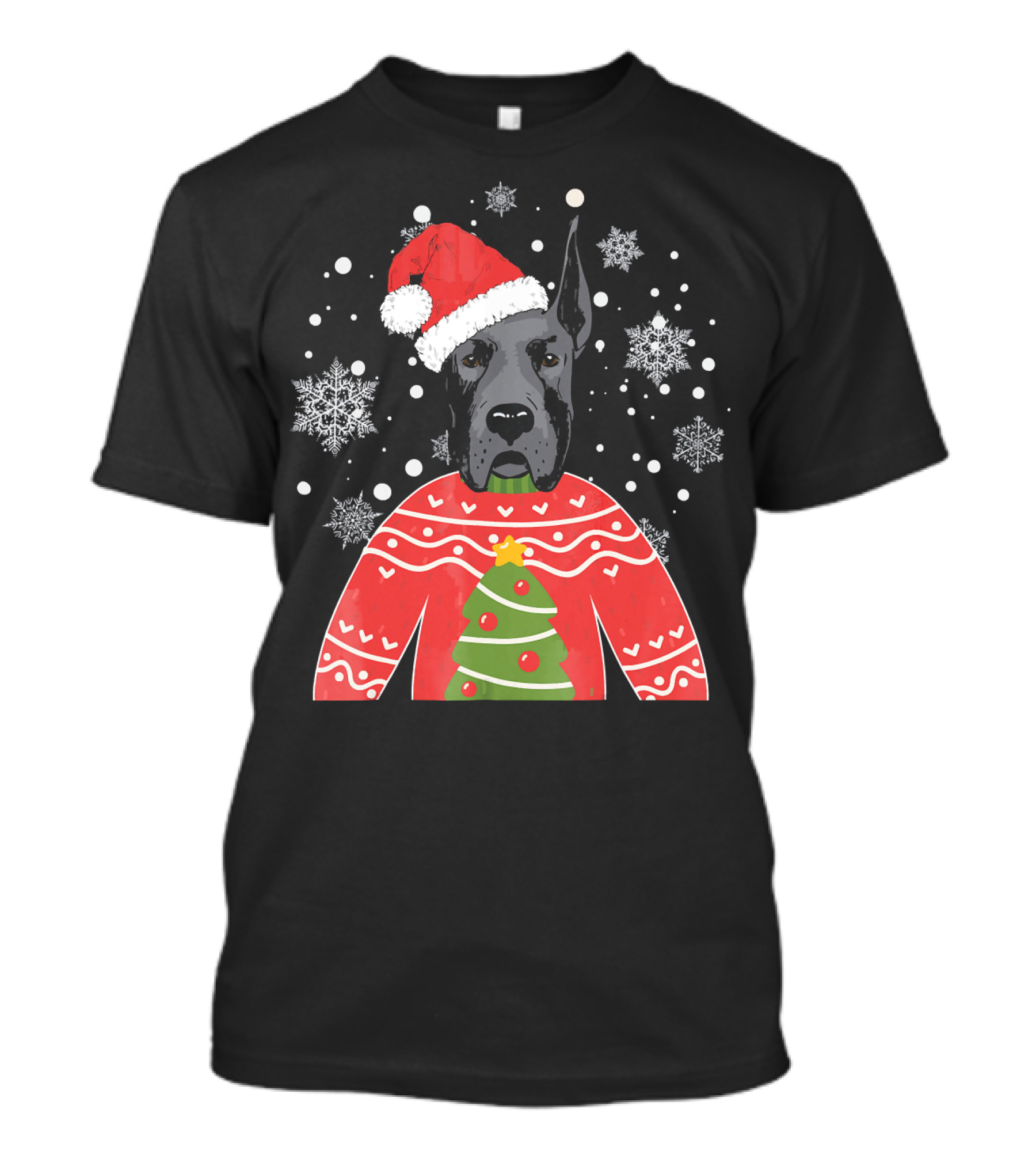 Santa Great Dane Christmas Sweater Snowflakes T-Shirt