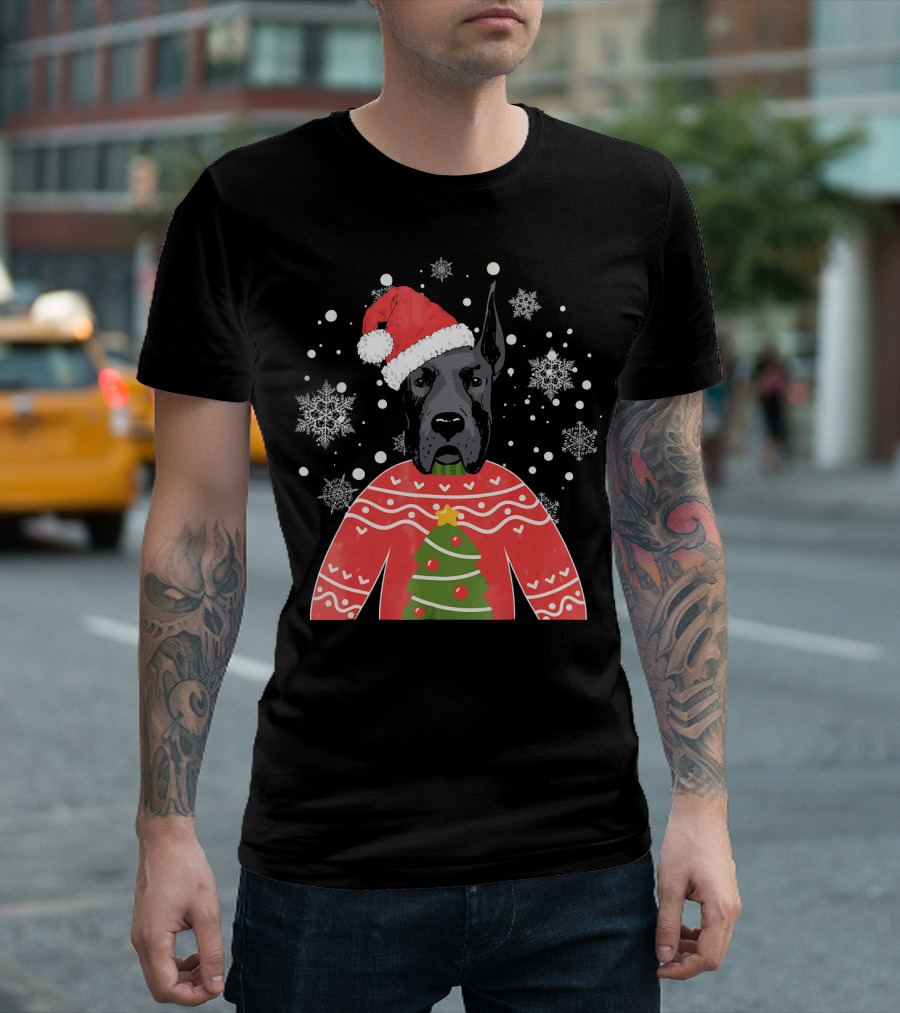 Santa Great Dane Christmas Sweater Snowflakes T-Shirt