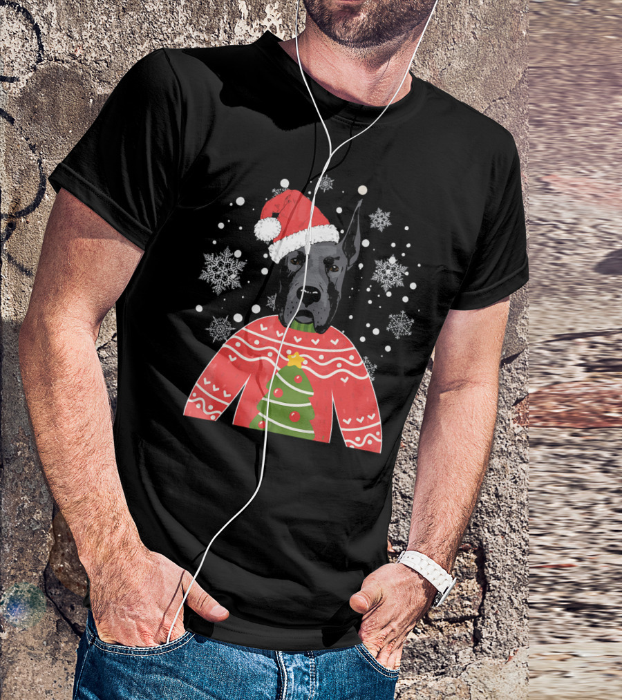 Santa Great Dane Christmas Sweater Snowflakes T-Shirt