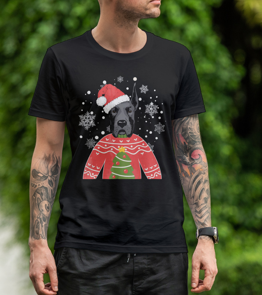 Santa Great Dane Christmas Sweater Snowflakes T-Shirt