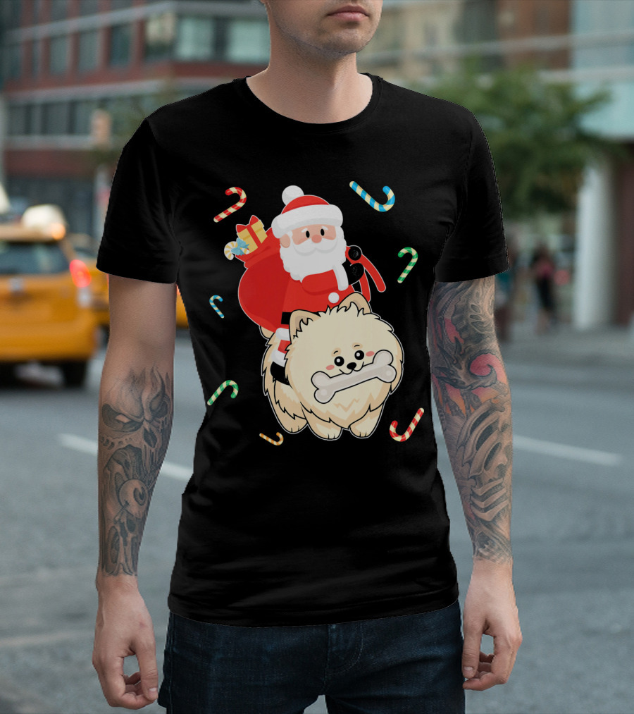 Santa Claus Riding Pomeranian With Candy Canes and Gifts T-Shirt