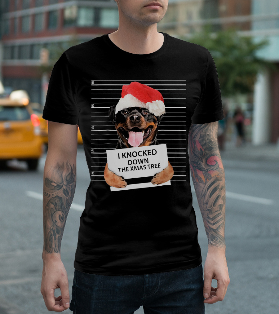 Rottweiler I Knocked Down the Xmas Tree Santa Hat Mugshot T-Shirt