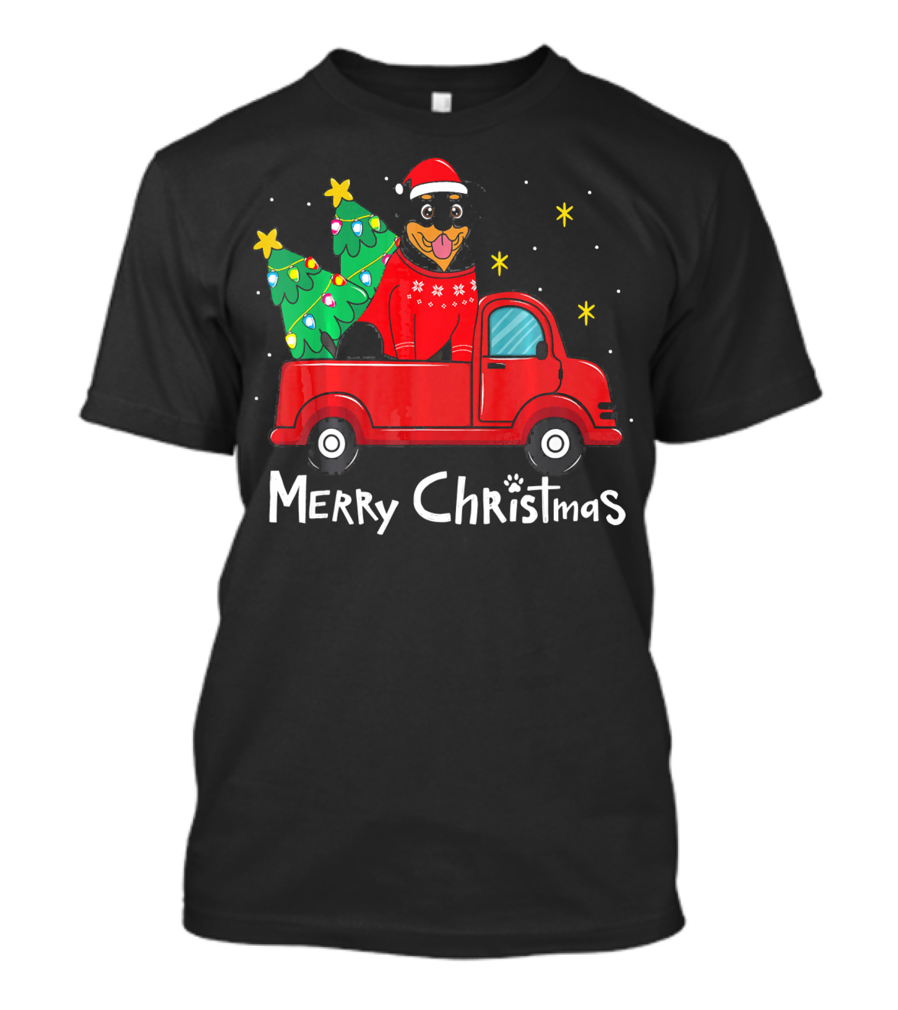 Rottweiler Christmas Santa Truck With Trees Merry Christmas T-Shirt