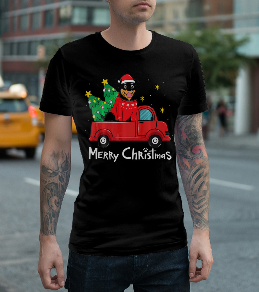 Rottweiler Christmas Santa Truck With Trees Merry Christmas T-Shirt