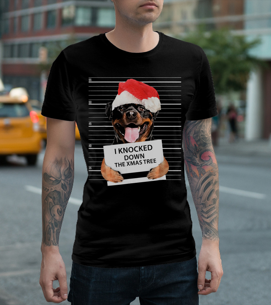Rottweiler Mugshot I Knocked Down the Xmas Tree Santa Hat T-Shirt