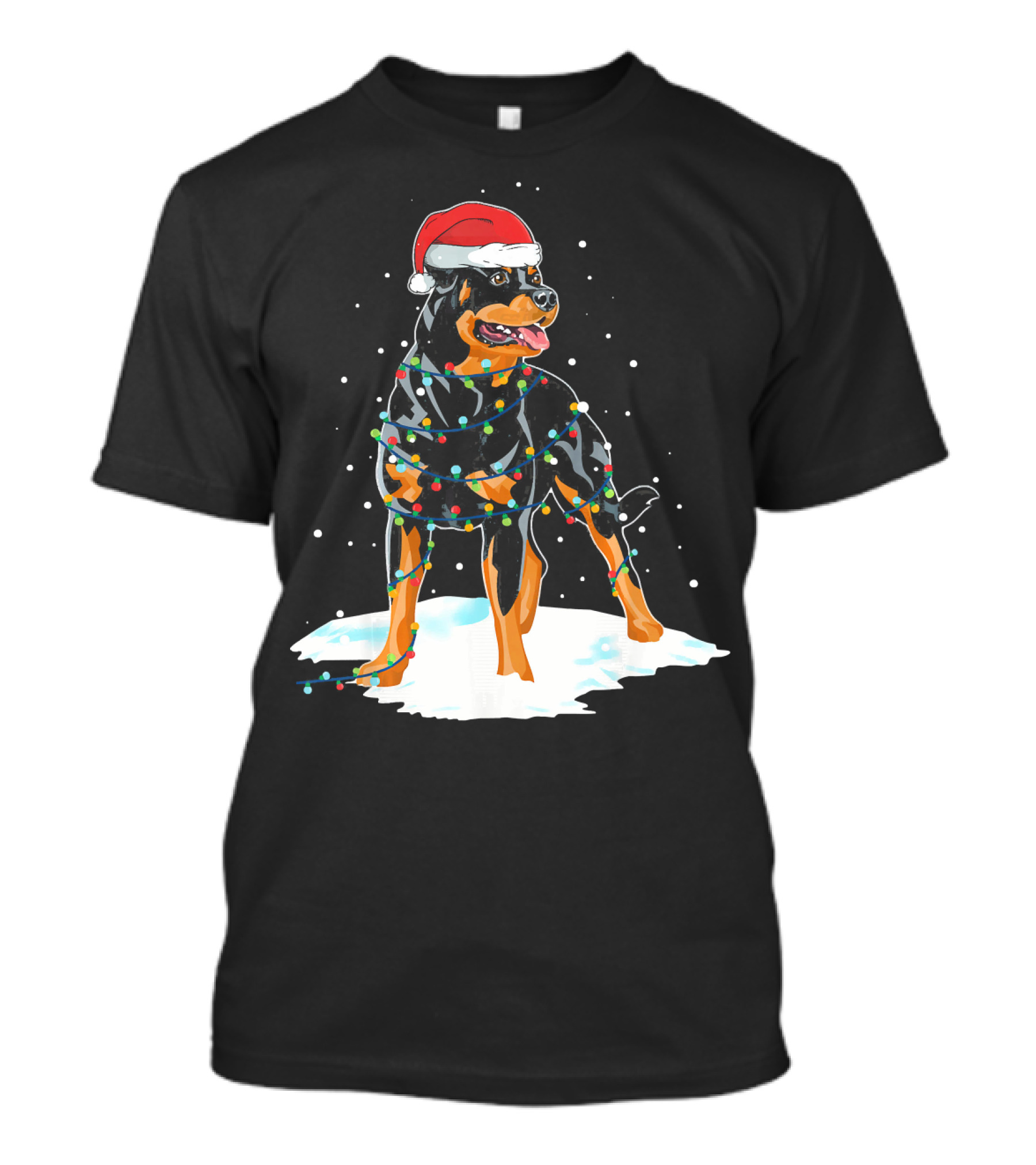 Rottweiler Santa Wrapped In Christmas Lights On Snow T-Shirt