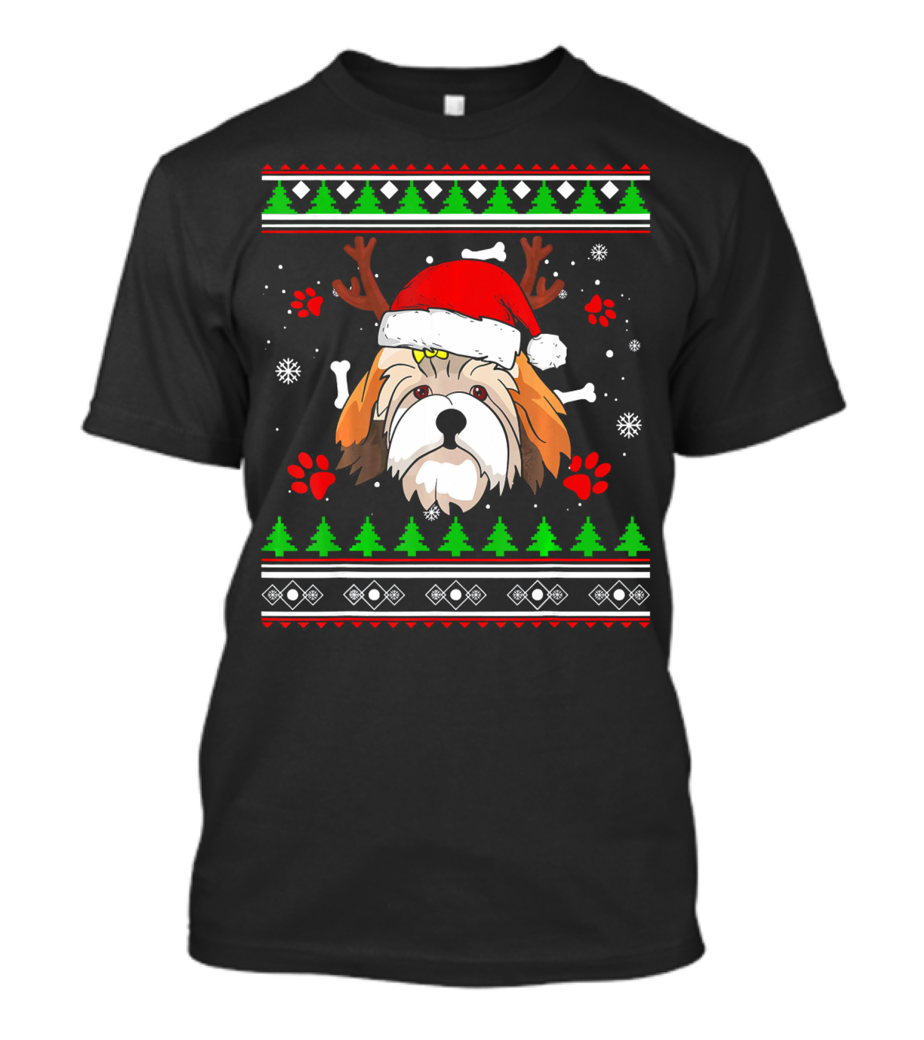 Shih Tzu Ugly Christmas Reindeer Santa Hat Pattern Paw Print Snowflakes T-Shirt