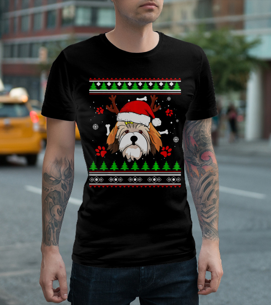 Shih Tzu Ugly Christmas Reindeer Santa Hat Pattern Paw Print Snowflakes T-Shirt