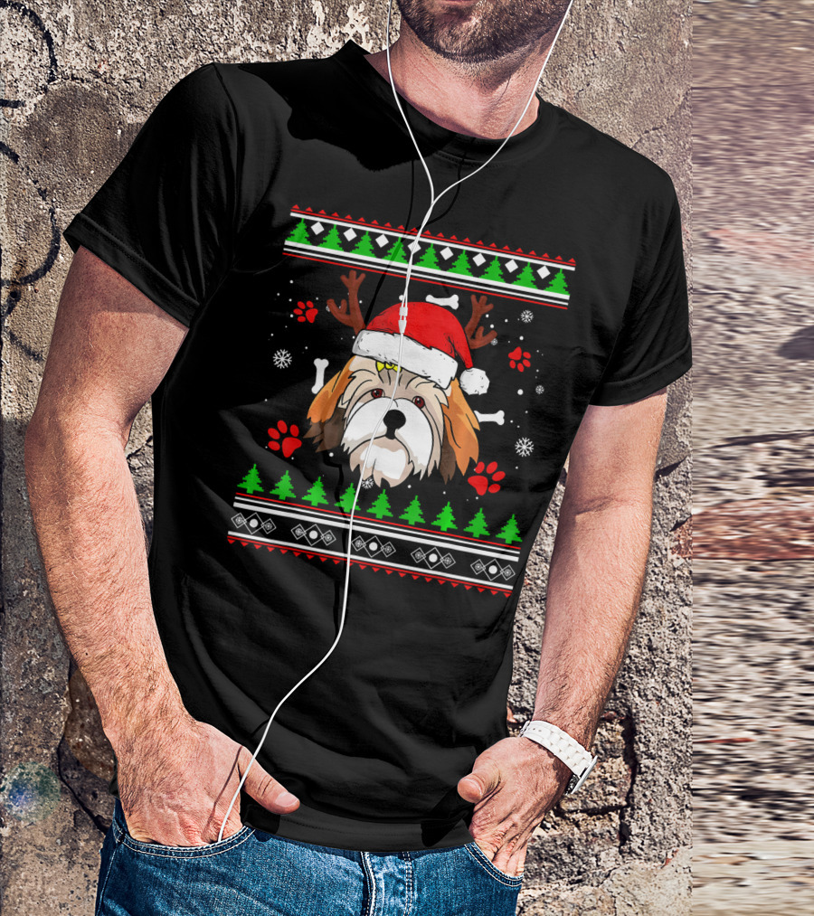 Shih Tzu Ugly Christmas Reindeer Santa Hat Pattern Paw Print Snowflakes T-Shirt