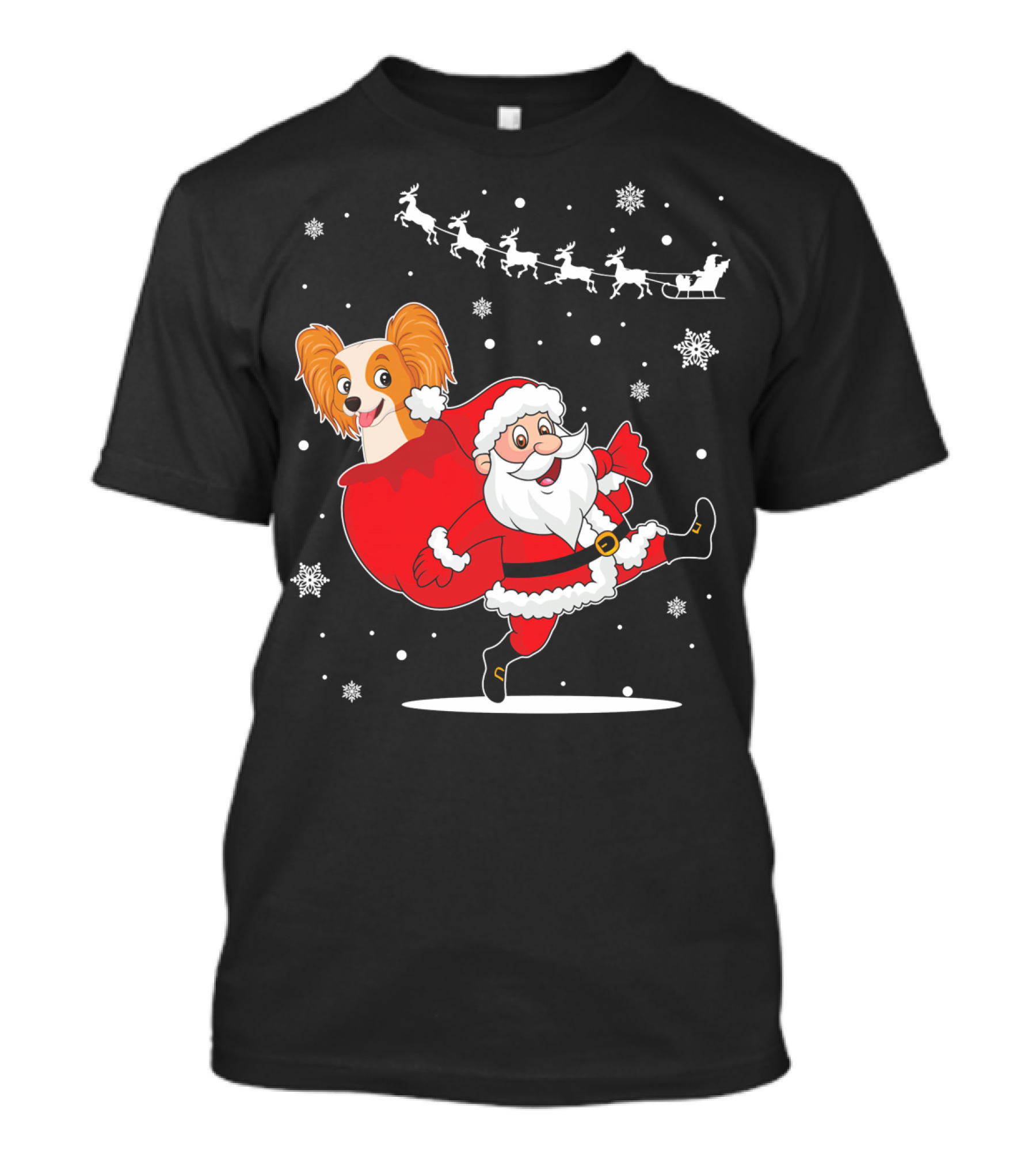 Santa Claus And Papillon Reindeer Sleigh Snowflakes T-Shirt