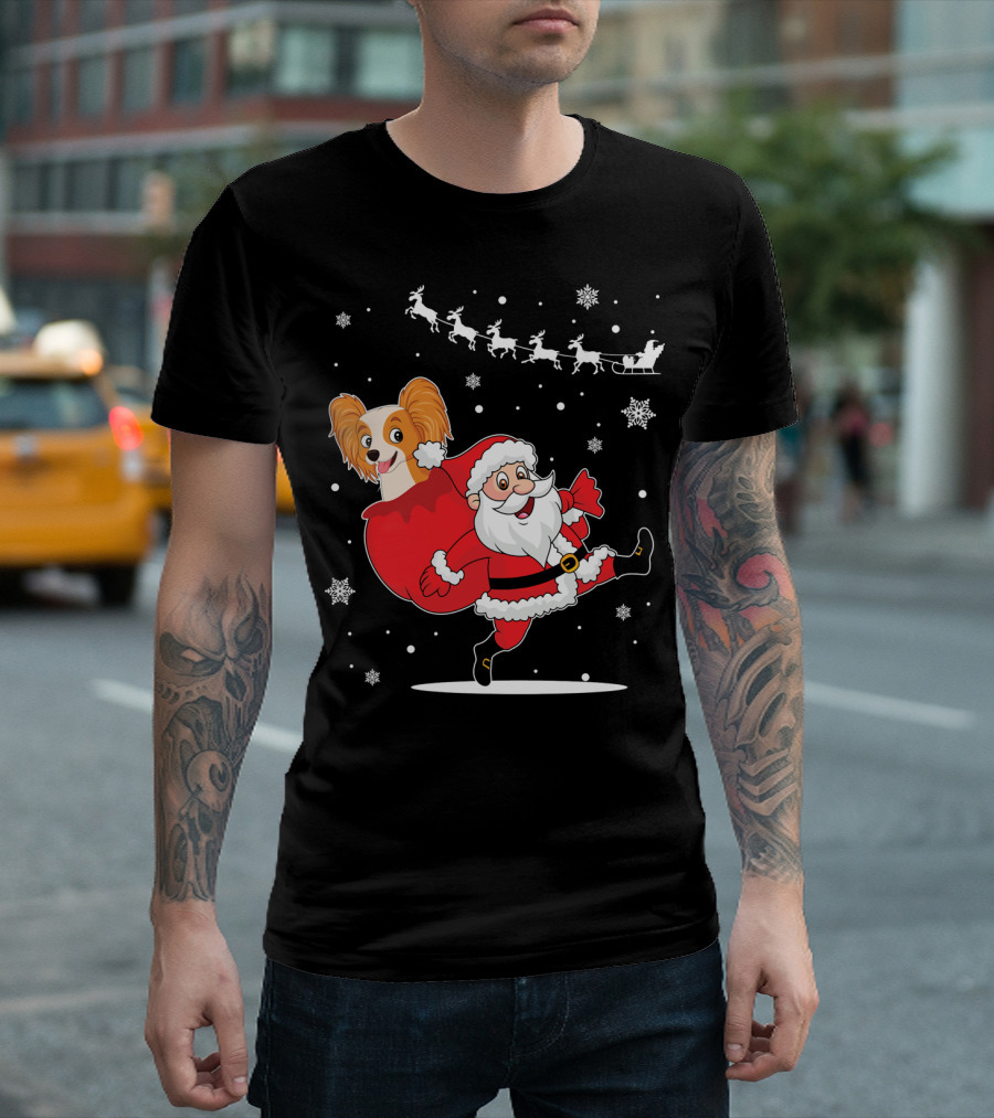 Santa Claus And Papillon Reindeer Sleigh Snowflakes T-Shirt