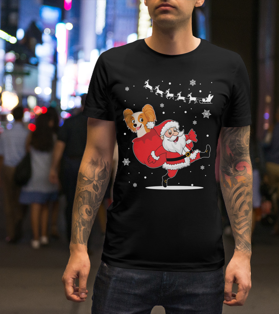 Santa Claus And Papillon Reindeer Sleigh Snowflakes T-Shirt