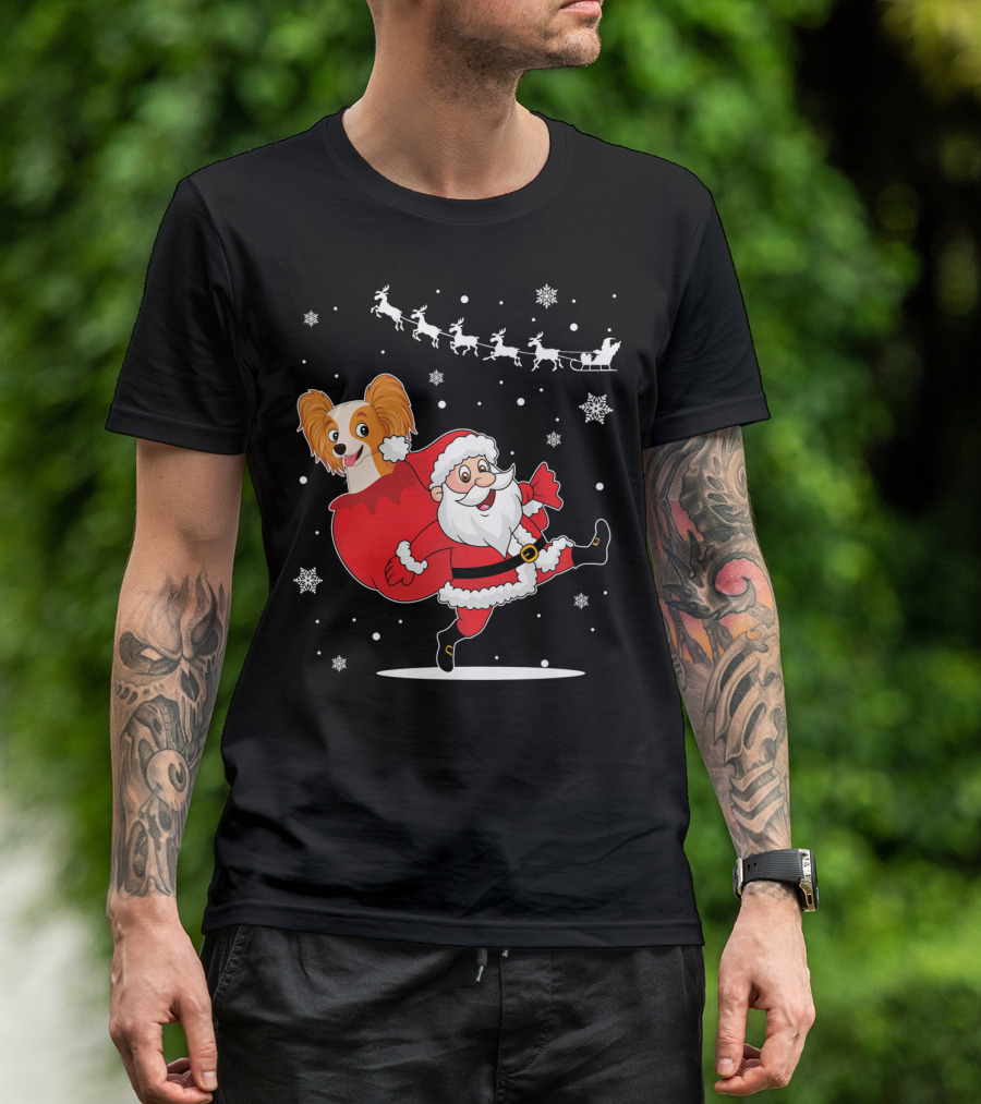 Santa Claus And Papillon Reindeer Sleigh Snowflakes T-Shirt