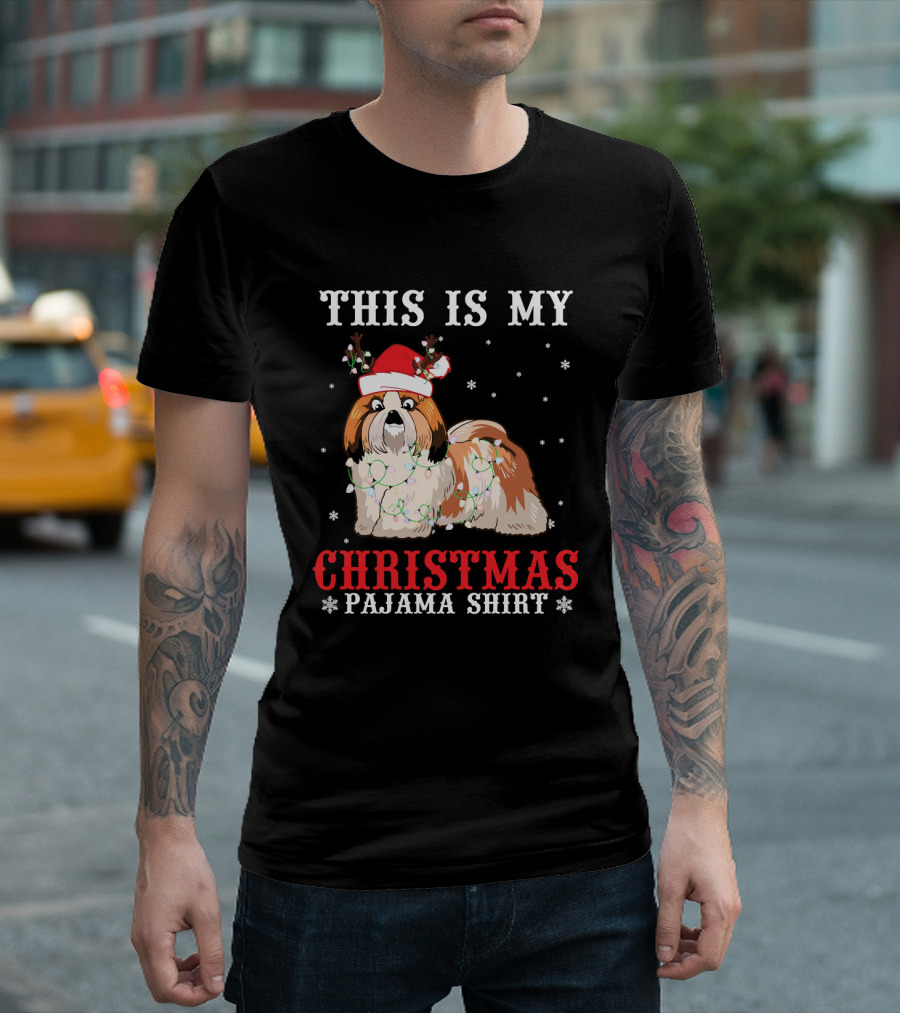 This Is My Christmas Pajama Shirt Shih Tzu Reindeer Hat Light Snow T-Shirt