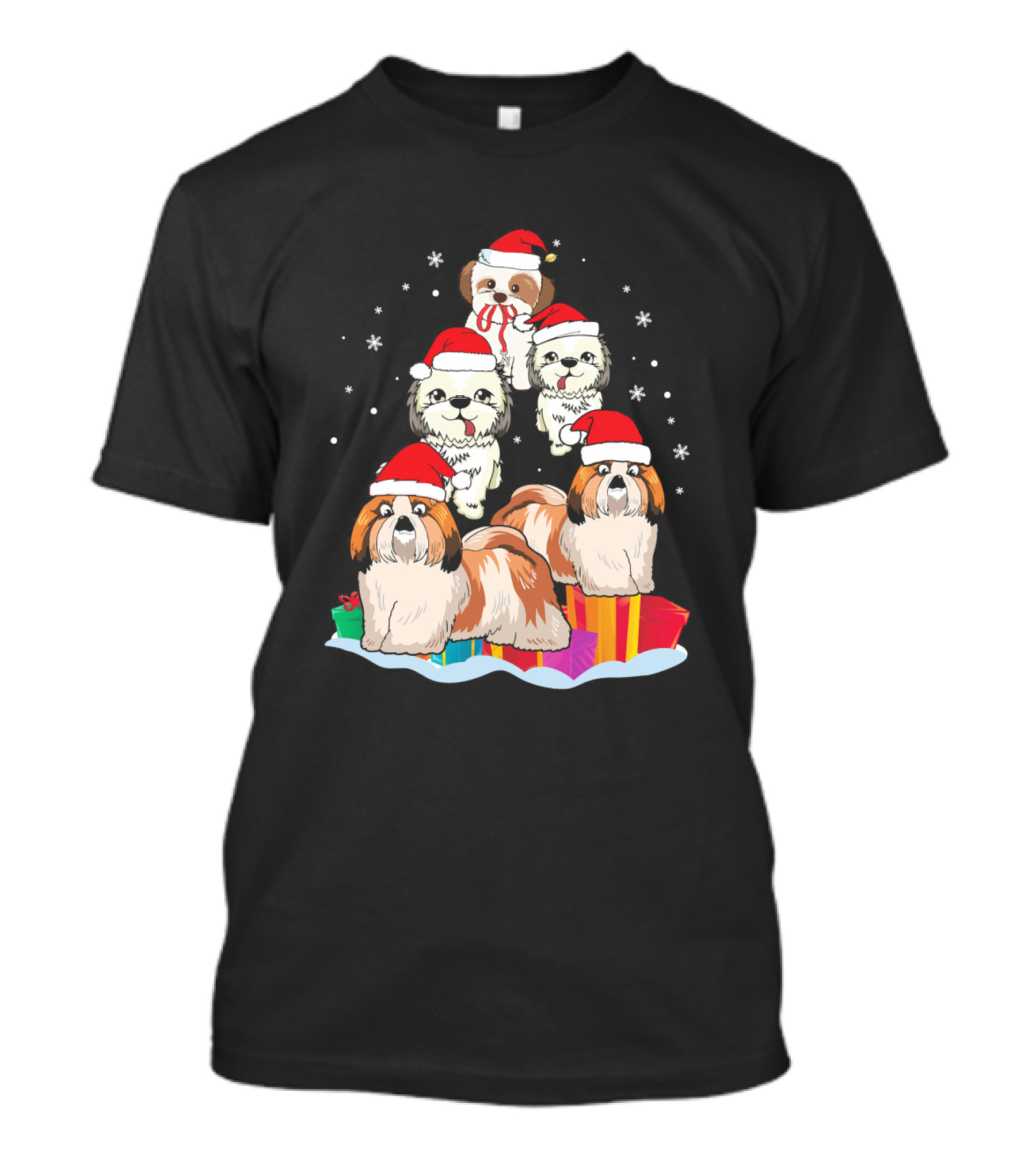 Shih Tzu Noel Hat Christmas Presents Stack With Snowflakes T-Shirt