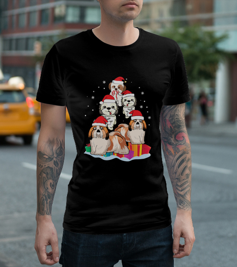 Shih Tzu Noel Hat Christmas Presents Stack With Snowflakes T-Shirt