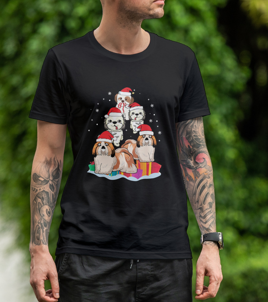 Shih Tzu Noel Hat Christmas Presents Stack With Snowflakes T-Shirt