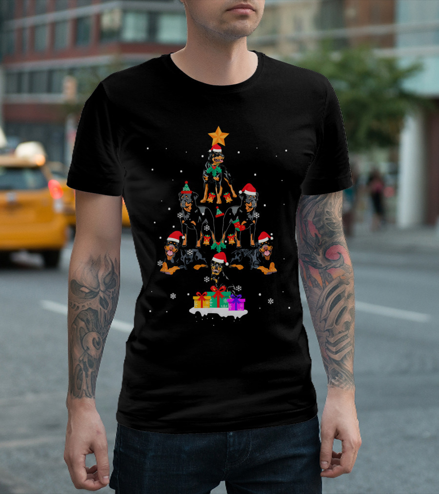 Rottweiler Christmas Ornament Santa Hats Snowflakes Gifts Tree Decor T-Shirt