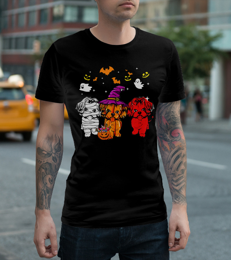 Three Shih Tzu Dogs Halloween Ghosts Bats Pumpkins T-Shirt