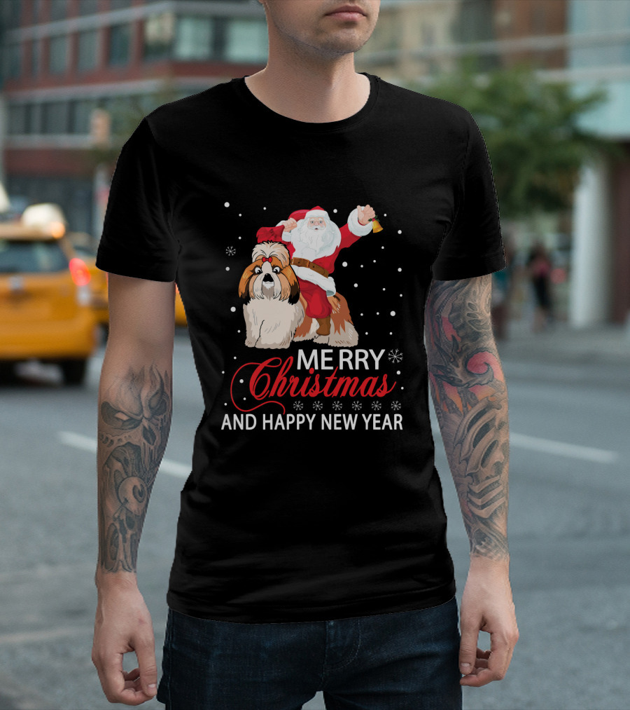 Santa Riding Shih Tzu Merry Christmas And Happy New Year T-Shirt