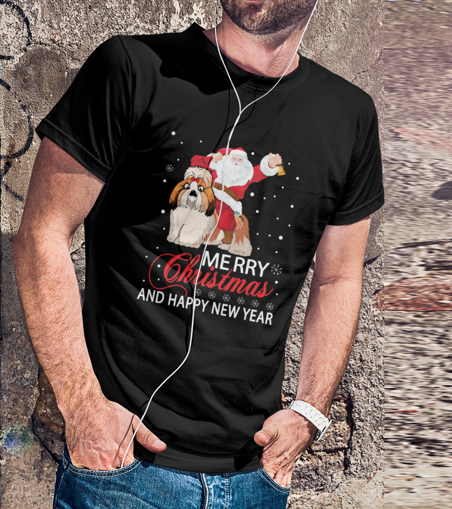 Santa Riding Shih Tzu Merry Christmas And Happy New Year T-Shirt