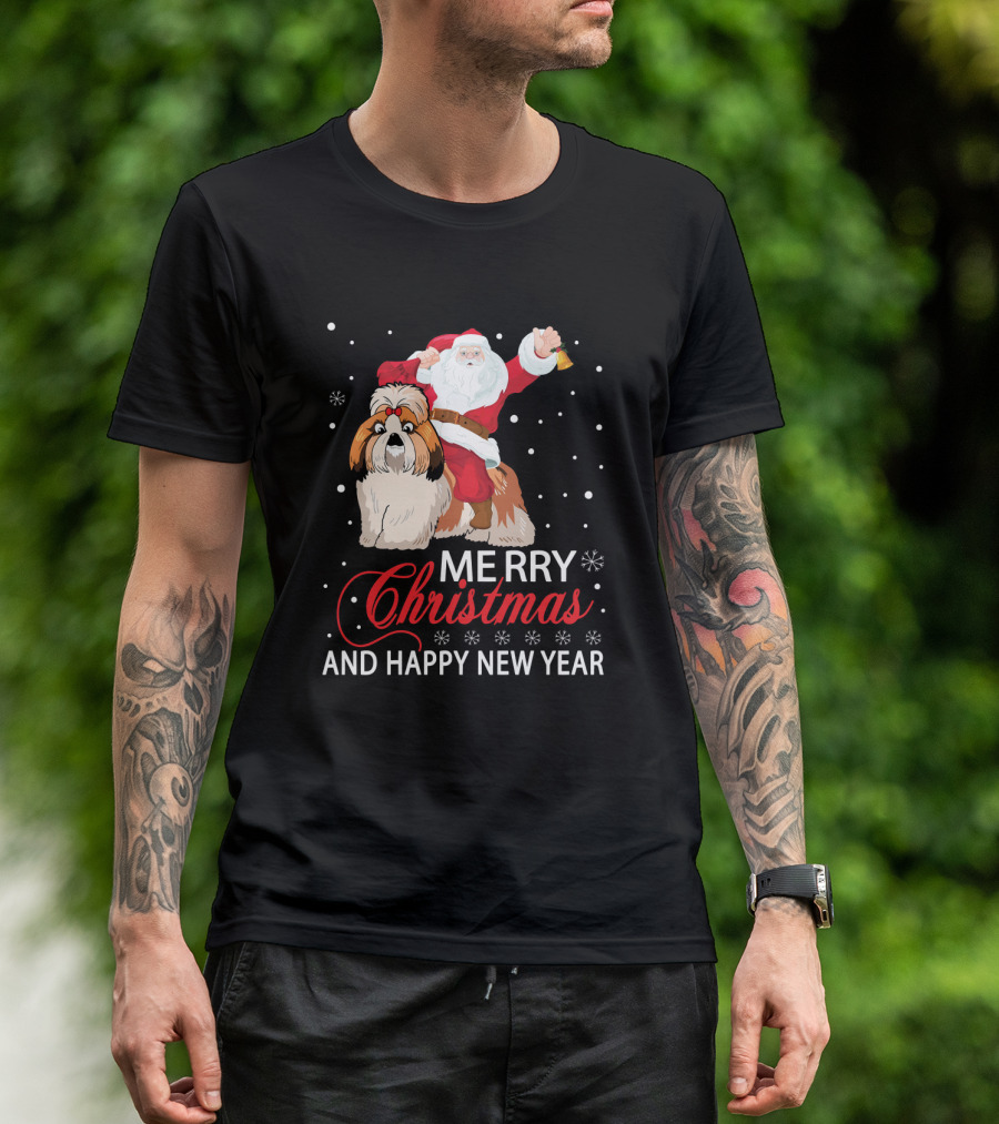 Santa Riding Shih Tzu Merry Christmas And Happy New Year T-Shirt