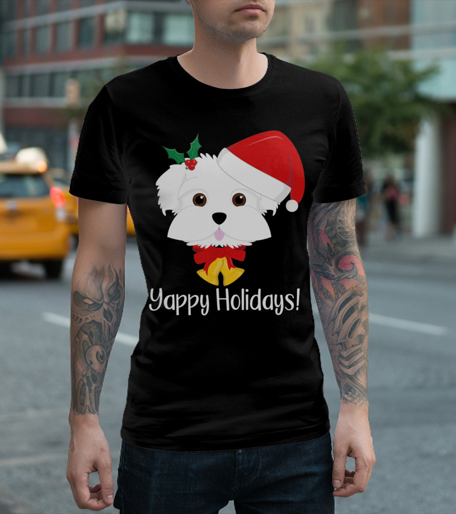 Yappy Holidays Cute Funny Maltese Dog in Santa Hat with Holly T-Shirt
