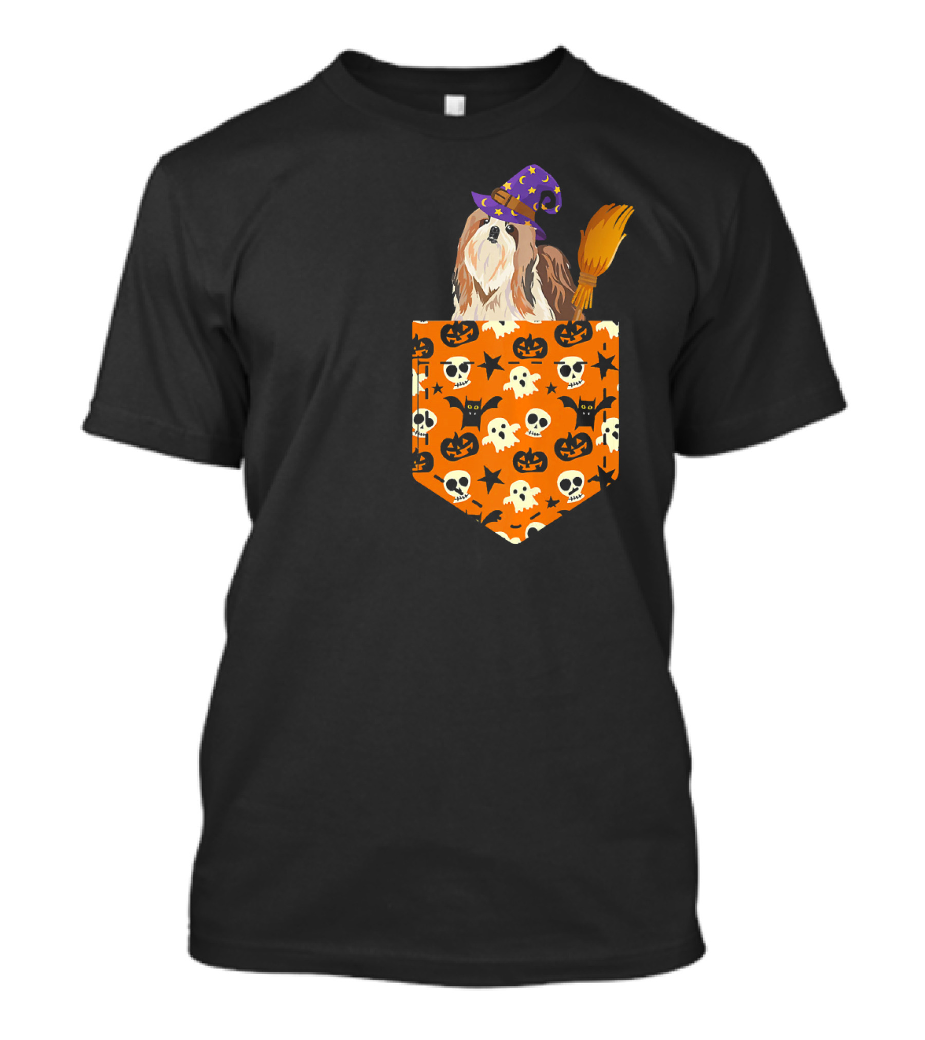 Cute Shih Tzu Pumpkin Pocket Halloween Witch Dog Broom Skulls Bat T-Shirt