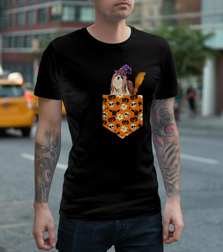 Cute Shih Tzu Pumpkin Pocket Halloween Witch Dog Broom Skulls Bat T-Shirt