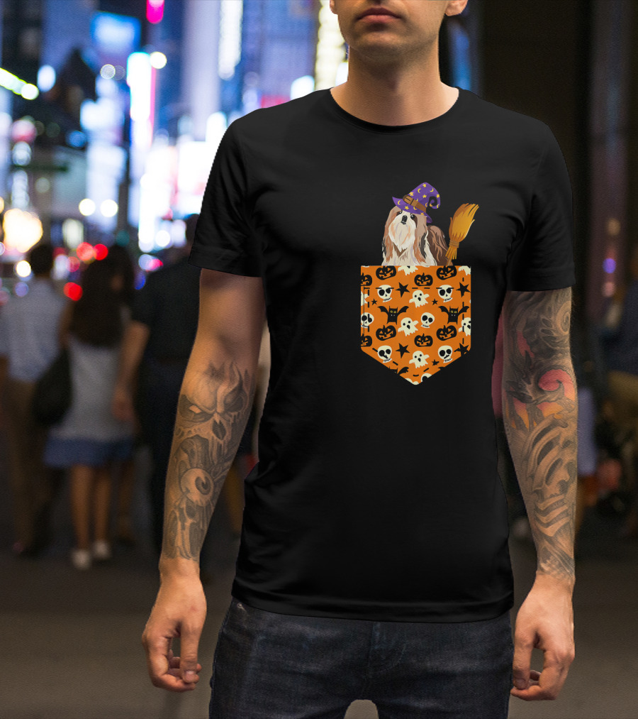 Cute Shih Tzu Pumpkin Pocket Halloween Witch Dog Broom Skulls Bat T-Shirt
