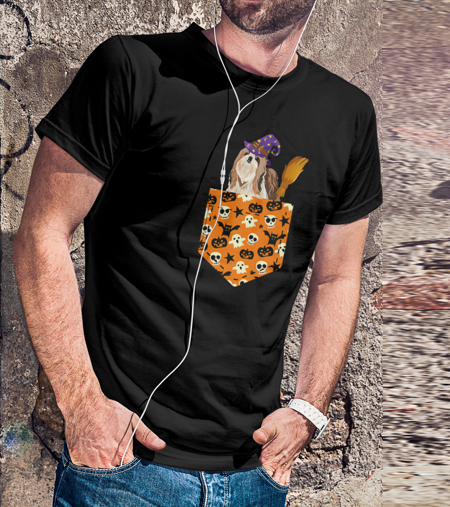 Cute Shih Tzu Pumpkin Pocket Halloween Witch Dog Broom Skulls Bat T-Shirt