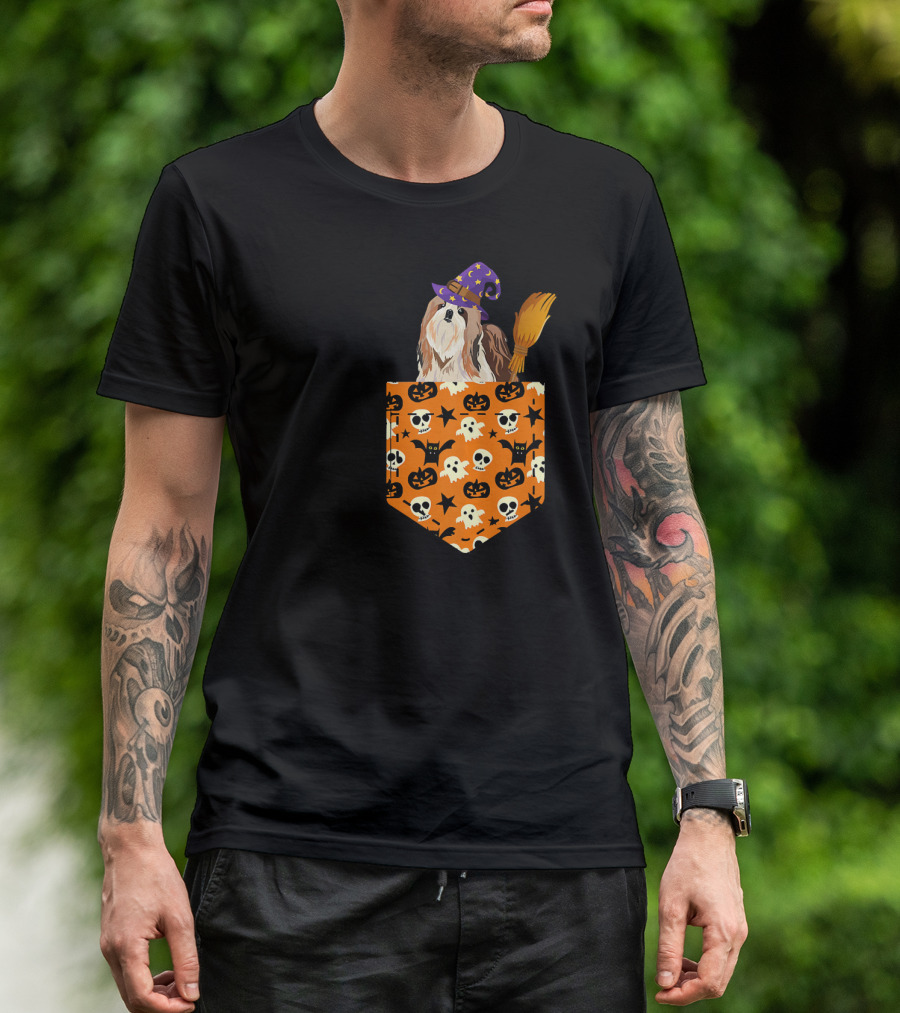 Cute Shih Tzu Pumpkin Pocket Halloween Witch Dog Broom Skulls Bat T-Shirt