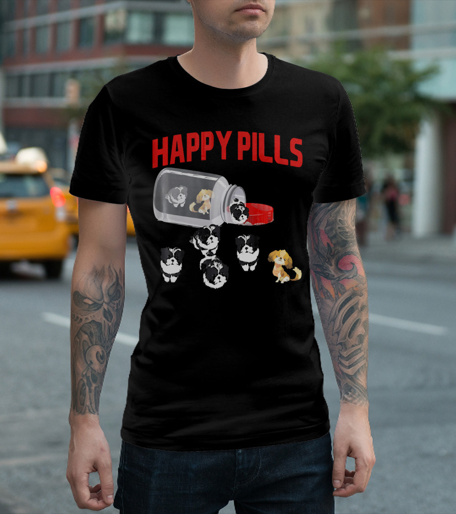 Shih Tzu Happy Pills Funny Medicine Dogs In A Bottle T-Shirt