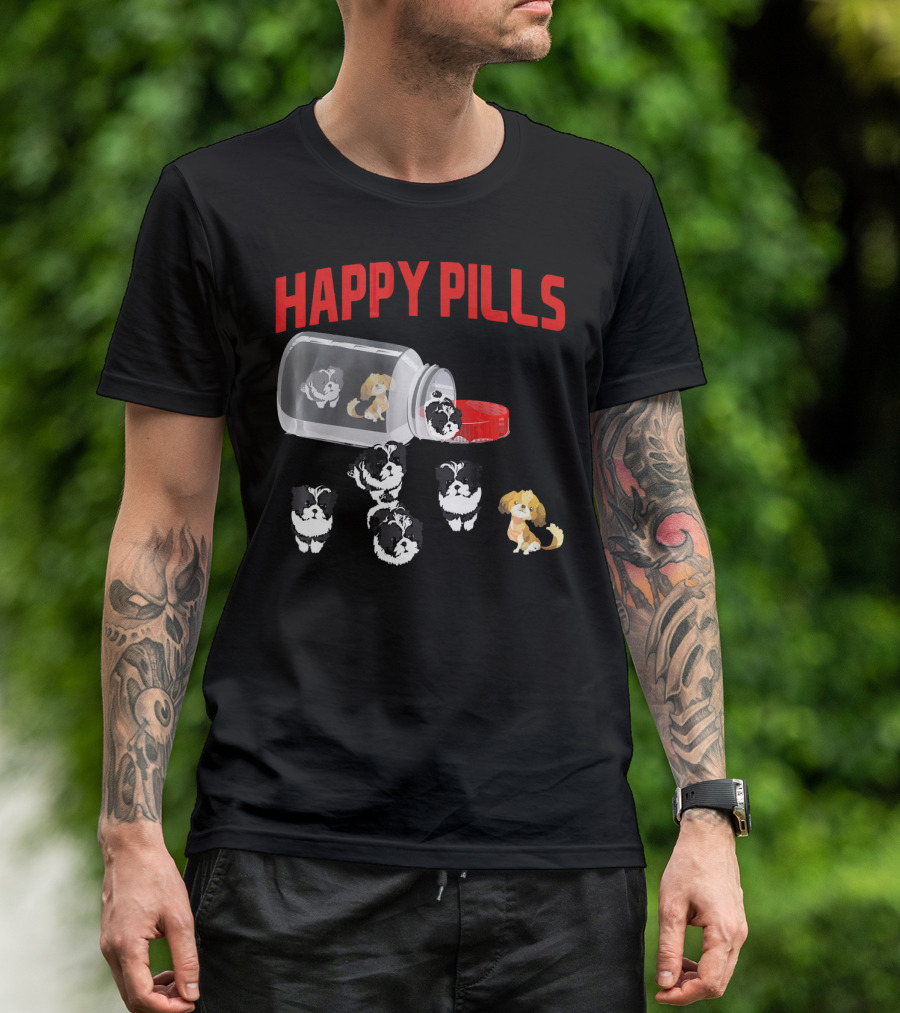 Shih Tzu Happy Pills Funny Medicine Dogs In A Bottle T-Shirt