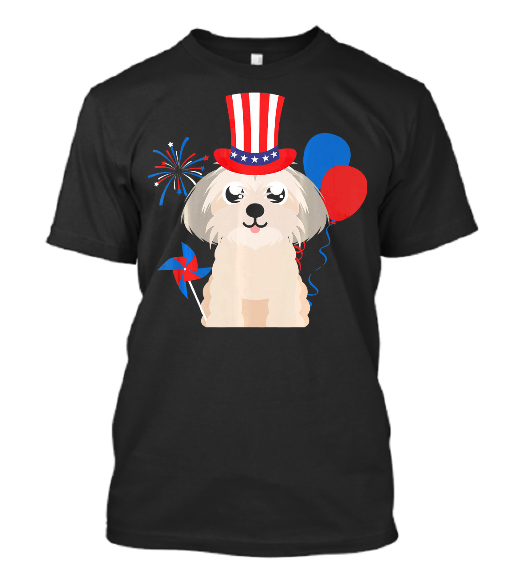 Shih Tzu Dog In Uncle Sam Hat With Fireworks And Balloons For 4th Of July T-Shirt