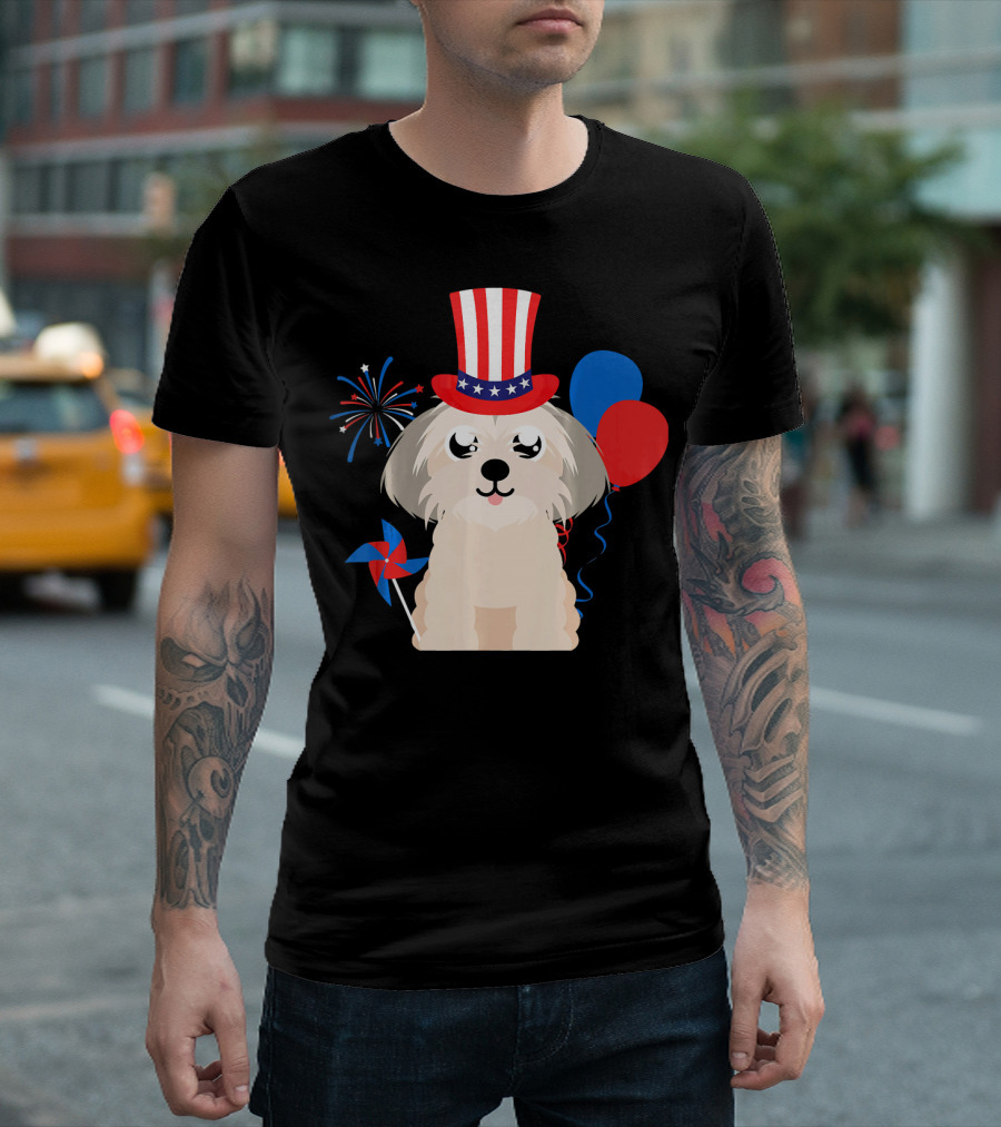 Shih Tzu Dog In Uncle Sam Hat With Fireworks And Balloons For 4th Of July T-Shirt