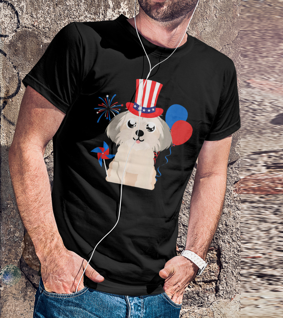 Shih Tzu Dog In Uncle Sam Hat With Fireworks And Balloons For 4th Of July T-Shirt