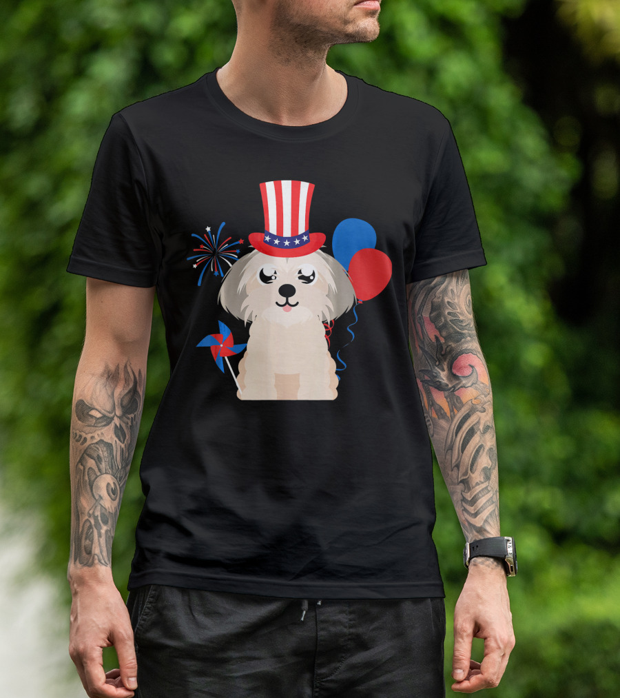 Shih Tzu Dog In Uncle Sam Hat With Fireworks And Balloons For 4th Of July T-Shirt