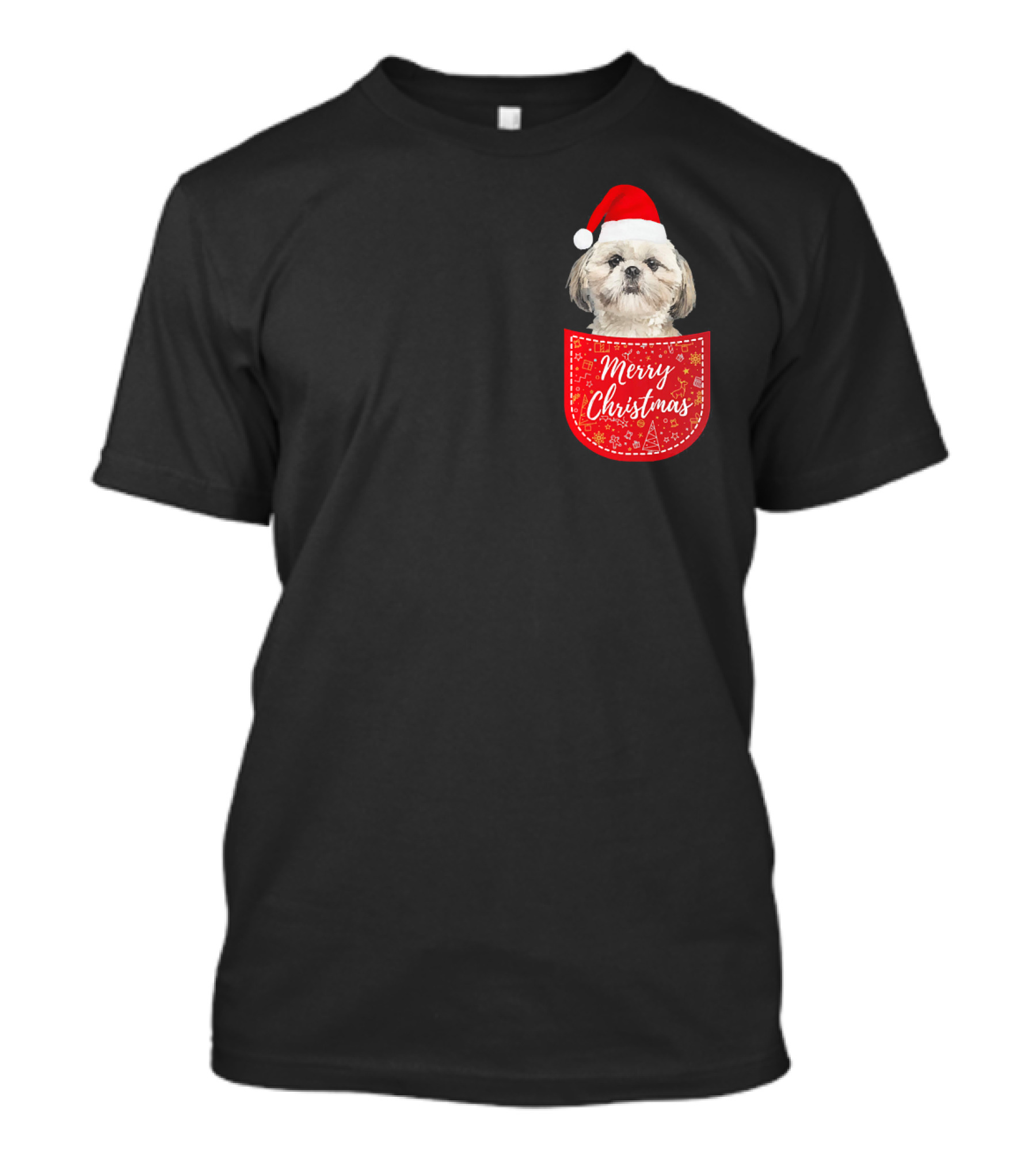 Merry Christmas Shih Tzu Santa Hat Dog In Pocket T-Shirt